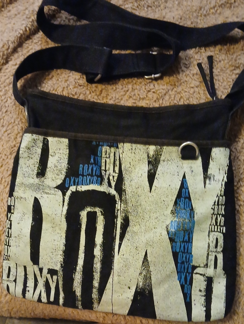 Roxy Black Crossbody Bag with White and Blue Graphic Print